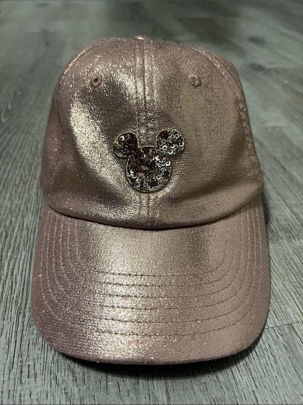 Women’s Disney Parks Metallic Rose Gold Baseball Cap with Sequin Mickey Accent